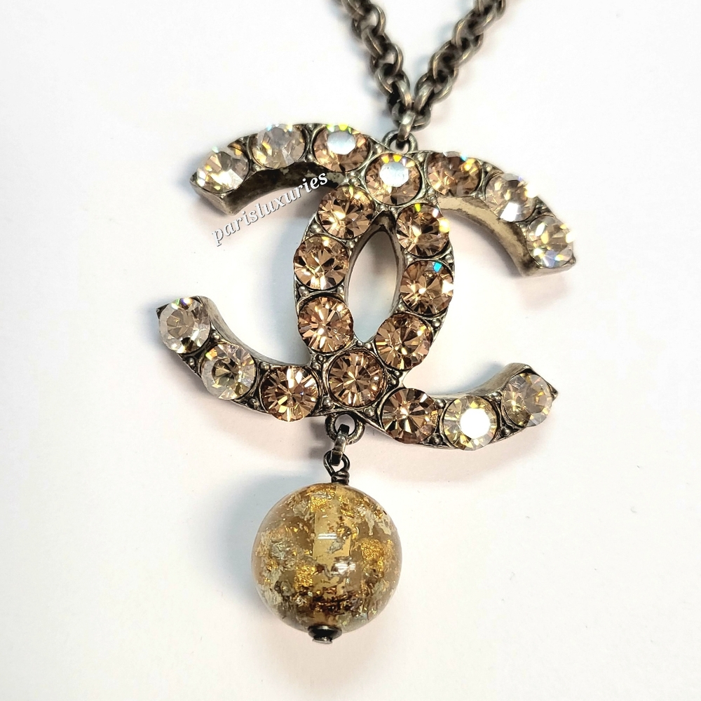CHANEL 06  XL Champagne CC Crystal Dangle Pendant Necklace